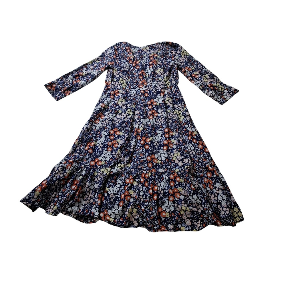 Talbots Midi Dress Womens 8 Blue Floral Button Front Tiered Hem Long Sleeve
